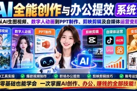 AI全能创作与办公提效系统课：从AI生图视频、数字人动画到PPT制作、剪映剪辑及自媒体运营变现