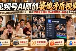 视频号ai原创婆媳矛盾视频，普通人跟着流程就能批量出片，解锁视频号分成计划 橱窗带货 收徒等多种收益