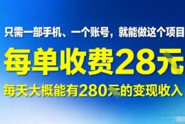 只需一部手机一个账号，就能做这个项目——每单收费28米，每天大概能有280的变现收入