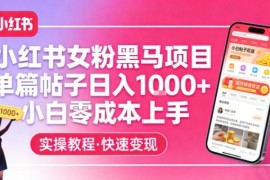 小红书女粉黑马项目，单篇帖子日入1k ，小白零成本上手