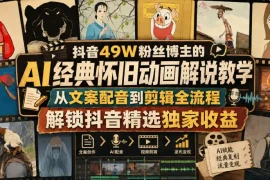 抖音49W粉丝博主的AI经典怀旧动画解说教学，从文案配音到剪辑全流程，解锁抖音精选独家收益