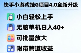 快手小游戏挂G项目4.0全新升级，小白轻松上手，无脑单机日入40 ，可批量放大，附带管道收益【揭秘】