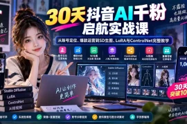 30天抖音AI千粉启航实战课：从账号定位、爆款运营到SD生图、LoRA与ControlNet完整教学