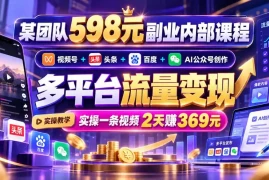 某团队598元副业内部课程：视频号 头条 百度 AI公众号创作、多平台流量变现，实操一条视频2天赚369元