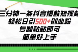 （10291期）三分钟一条抖音爆款短视频，轻松日引500 创业粉，复制粘贴即可，简单好…