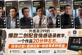 外面卖299的爆款二创配音情感语录教学，一个作品20分钟左右，伙伴计划 剪映拉新 收徒等多种收益