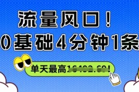 流量风口！0基础4分钟1条，单天最高收益1k 