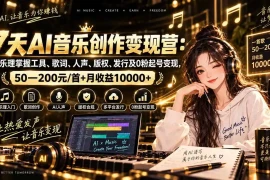 AI音乐创作变现营：零乐理掌握工具、歌词、人声、版权、发行及0粉起号变现，50—200元/首 月收益10000 
