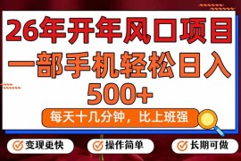 26年开年项目，每天十几分钟，一部手机稳稳日入500 ，长期稳定可做