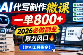 AI代写制作微课，一单800 ，2026必做副业，暴力风口【附AI工具指令】【揭秘】