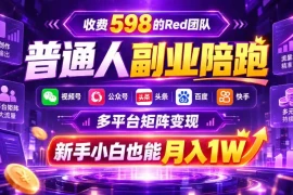 收费598的Red团队普通人副业陪跑，视频号、公众号、头条、百度、快手多平台矩阵变现，新手小白也能月入1W
