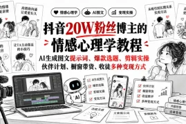 抖音20W粉丝博主静候心声的情感心理学教程，AI生成图文提示词、爆款选题、剪辑实操，伙伴计划、橱窗带货、收徒多种变现方式