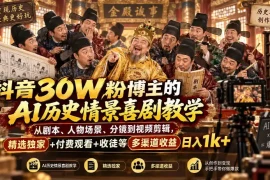 抖音30W粉博主的AI历史情景喜剧教学，从剧本、人物场景、分镜到视频剪辑，精选独家 付费观看 收徒等多渠道收益日入1k 