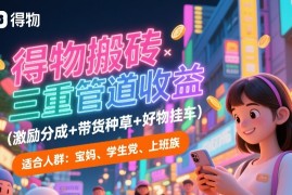 得物搬砖三重管道收益(激励分成 带货种草 好物挂车)，低门槛，高回报