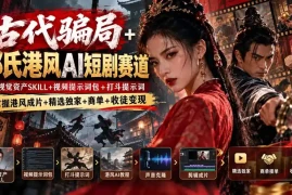 古代骗局 邵氏港风AI短剧赛道：配视觉资产SKILL 视频提示词包 打斗提示词，掌握港风成片 精选独家 商单 收徒变现