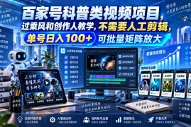 百家号科普类视频项目，过乘风和创作人教学，不需要人工剪辑，单号日入100 可批量矩阵放大