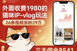 外面收费1980的猫咪IP-vlog玩法，26条视频涨粉29W，三天佣金8541