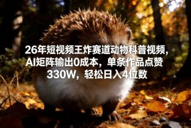 26年短视频王炸赛道动物科普视频，AI矩阵输出0成本，单条作品点赞330W，轻松日入4位数