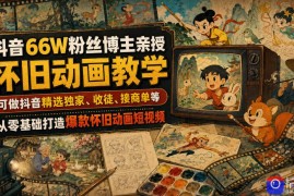 抖音66W粉丝博主亲授怀旧动画教学，可做抖音精选独家、收徒、接商单等，从零基础打造爆款怀旧动画短视频