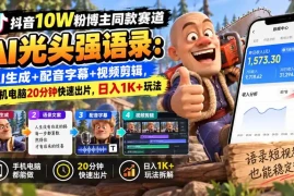【无水印】抖音10W粉博主同款赛道AI光头强语录：AI生成 配音字幕 视频剪辑，手机电脑20分钟快速出片，日入1K 玩法