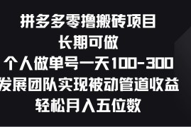 拼多多零撸搬砖项目，长期可做，个人做单号一天100-300，发展团队实现被动管道收益，轻松月入五位数