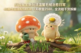 抖音掘金新玩法温馨毛绒治愈日常，45条作品涨粉84.6W，3天收益2580，全流程干货拆解