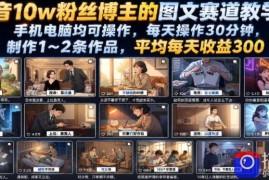 抖音10w粉丝博主的图文赛道教学，手机电脑均可操作，每天操作30分钟，制作1~2条作品，平均每天收益300