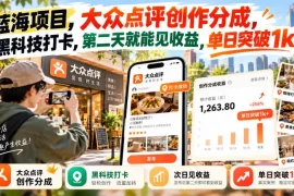 蓝海项目，大众点评创作分成，黑科技打卡，第二天就能见收益，单日突破1k 【揭秘】