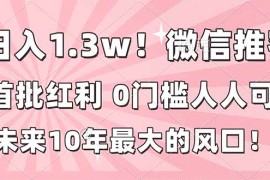 日入1.3w！微信推客，首批红利，未来10年最大的风口，0门槛，人人可做！