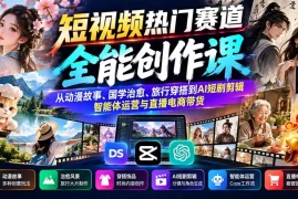 短视频热门赛道全能创作课：从动漫故事、国学治愈、旅行穿搭到AI短剧剪辑、智能体运营与直播电商带货