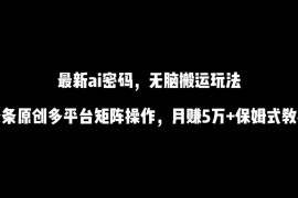 最新AI流量密码，傻瓜式搬运玩法。条条原创，多平台矩阵操作，月赚5万 保姆式教程