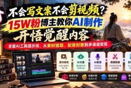 不会写文案不会剪视频？15W粉博主教你AI制作开悟觉醒内容，全套AI工具提示词、从素材提取、配音封面到多渠道变现