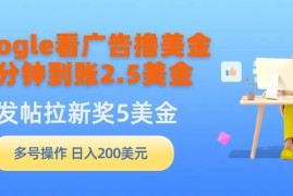 Google看广告撸美金，3分钟到账2.5美金，发帖拉新5美金，多号操作，日入200美元