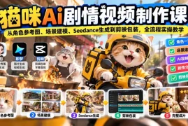 猫咪AI剧情视频制作课：从角色参考图、场景建模、Seedance生成到剪映包装，全流程实操教学