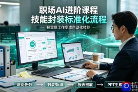 职场AI进阶课程；多类实用Skill工具实操，专属技能封装标准化流程，报表行业报告一键提取核心内容
