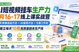AI短视频挂车生产力8月16-17线上课实战营：2天掌握选品方法 AI使用方法 文案工作流，建立每天10篇高质量剧本生产线