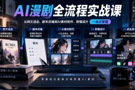 AI漫剧全流程实战课，覆盖从网文选品、剧本改编到AI素材制作、剪辑成片的完整链路