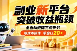 副业新平台，突破收益瓶颈 全自动矩阵完成任务 零成本操作，单窗口20 