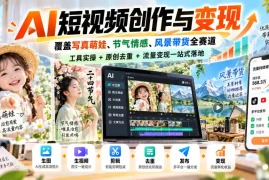 AI短视频创作与变现，覆盖写真萌娃、节气情感、风景带货全赛道，工具实操 原创去重 流量变现一站式落地