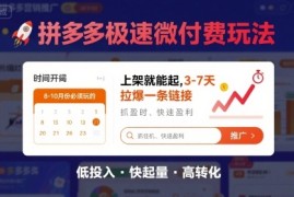 8月26号拼多多极速微付费玩法，8-10月份必须玩的，上架就能起，3-7天拉爆一条链接