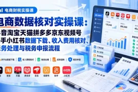 电商数据核账实操课：抖音淘宝天猫拼多多京东视频号快手小红书数据下载、收入费用核对、账务处理与税务申报流程