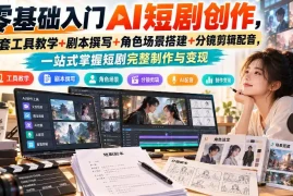 零基础入门AI短剧创作，全套工具教学 剧本撰写 角色场景搭建 分镜剪辑配音，一站式掌握短剧完整制作与变现