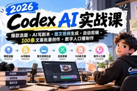 2026Codex AI实战课：爆款选题 AI写剧本 图文视频生成 自动剪辑 100条文案批量创作 数字人口播制作