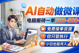 AI自动做微课，电脑搬砖一单300-500 ，免费接单资源，你只管执行，小白也能月入2W 