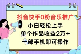 抖音快手0粉音乐推广，小白轻松上手，单个作品收益2万 一部手机即可操作