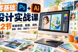 【无水印】零基础PS AI设计实战课｜22节掌握修图、抠图、调色、插画、图标、海报与2.5D设计