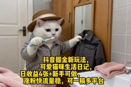 抖音掘金新玩法，可爱猫咪生活日记，日收益4张 新手可做，涨粉快流量稳，可一稿多平台