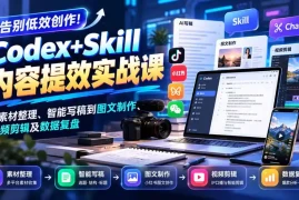 【无水印】告别低效创作！Codex Skill内容提效实战课：从素材整理、智能写稿到图文制作、视频剪辑及数据复盘