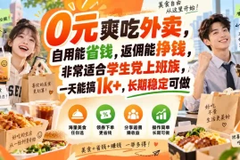 0元爽吃外卖，自用能省钱，返佣能挣钱，非常适合学生党上班族，一天能搞1k ，长期稳定可做