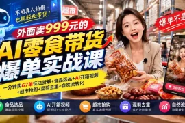 外面卖999元的AI零食带货爆单实战课｜一分钟卖67单玩法拆解 食品选品 AI开箱视频 超市抢购 混剪去重 自然流转化